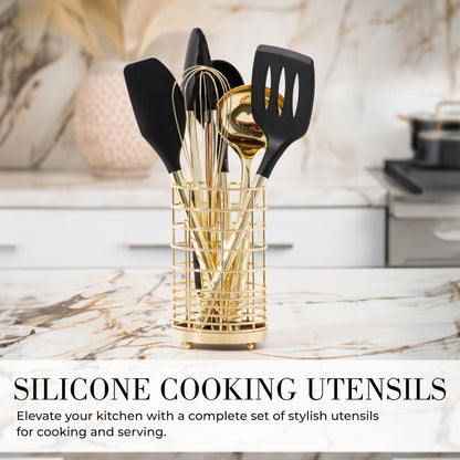 White & Gold Cooking Utensils Set - Luxe 8-Piece Kitchen Gadget Set Includes Can Opener, Tongs and Garlic Press - Stylish White and Gold Kitchen Accessories for Modern Kitchens, Ideal for Gifting