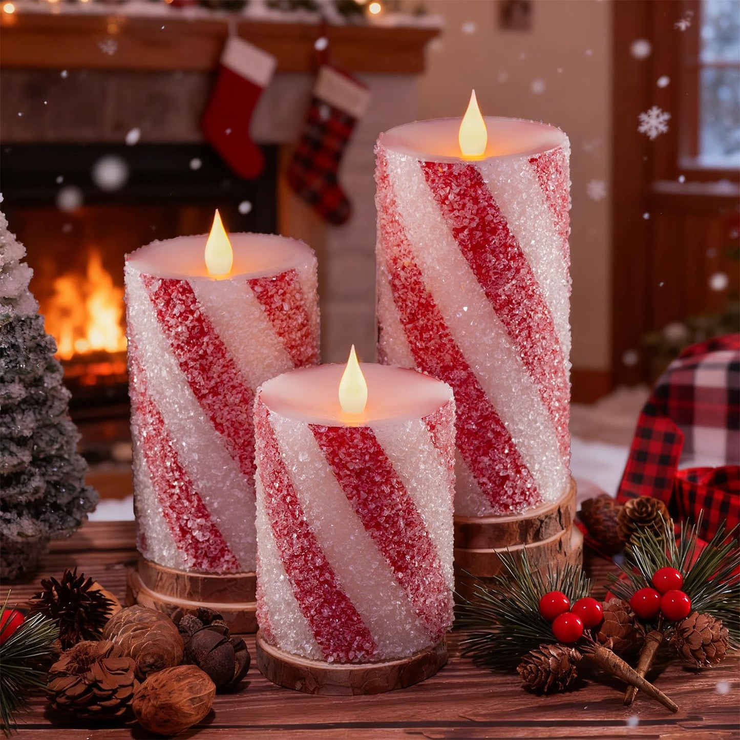 3 Pcs Christmas Candy Cane Stripe Flameless Candles, Real Wax Red &White Glitter Striped LED Pillar Candles with Battery Operated Flickering Flame for Xmas Party, Wedding, Home Decoration D3 x H4"5"6"