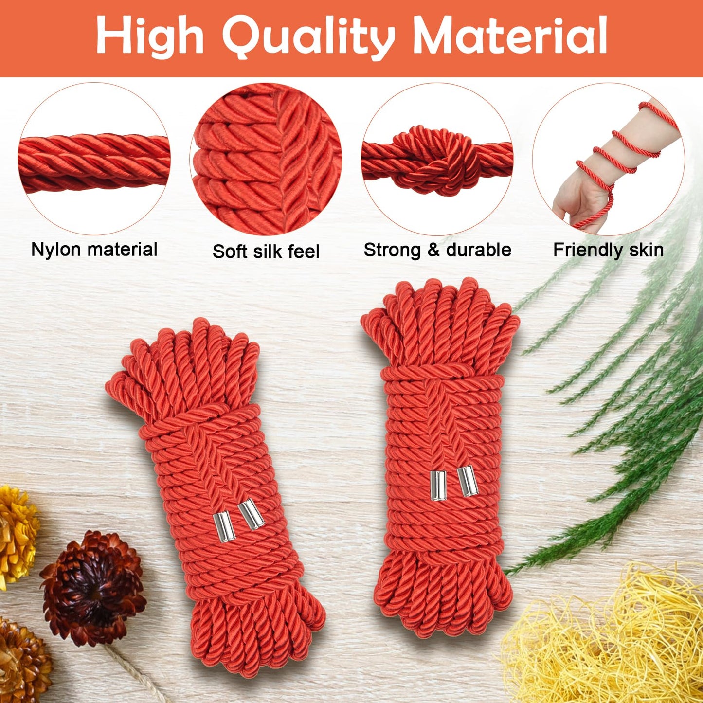 Coldairsoap Soft Silk Rope, Skin Friendly Twisted Trim Cord Rope (Red, 32ft)