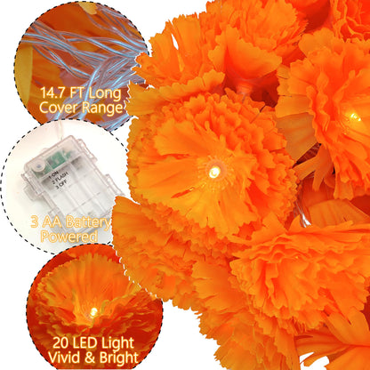 Gee Hut Marigold Garland String Lights Day of The Dead Decoration - 10ft 20 LED Marigold Flower Garlands Lights Battery Operated - Dia de Los Muertos Decoration for Diwali Halloween Indian Party
