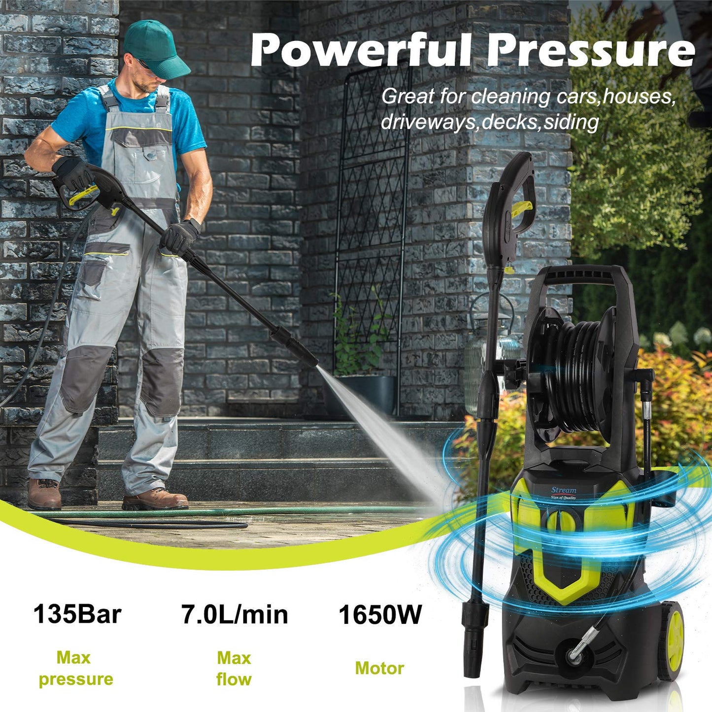 Stream Pressure Washer, 1650W 135Bar 420L/H Portable Pressure Washer Jet Washer with Patio Cleaner, Power Pressure Washers with Snow Foam Water Tank Adjustable Nozzle for patio and Car