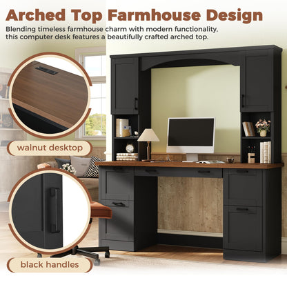 Merax Farmhouse Arched 67" Computer Desk with Power Outlets & Keyboard Tray, Wood Executive Home Office Desk with Hutch, Writing Desk with Storage Drawers for Working Study, Black