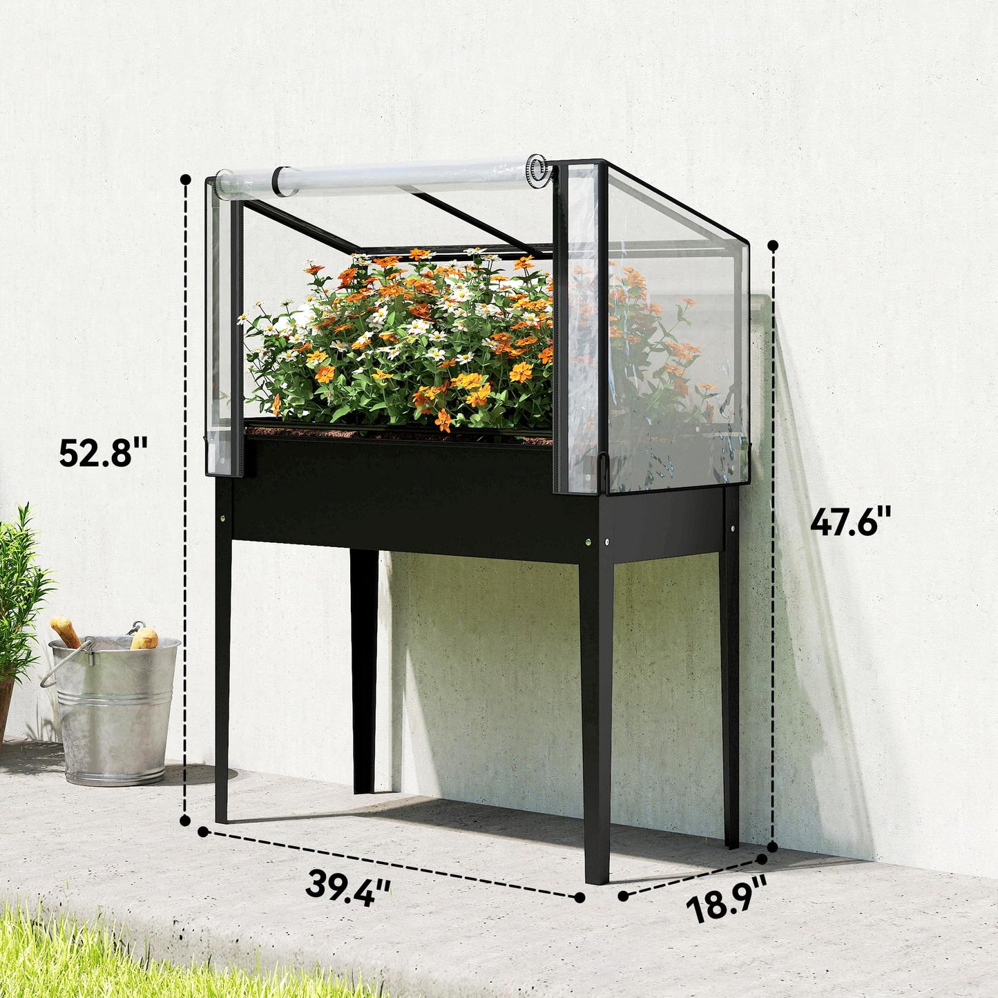 Outsunny Raised Garden Bed with Flip-Up Greenhouse Cover, Metal Elevated Garden Bed with Legs and Drainage Hole, Outdoor Raised Planter Box for Vegetables Herbs Flowers, 39.4" x 18.9" x 52.8", Black