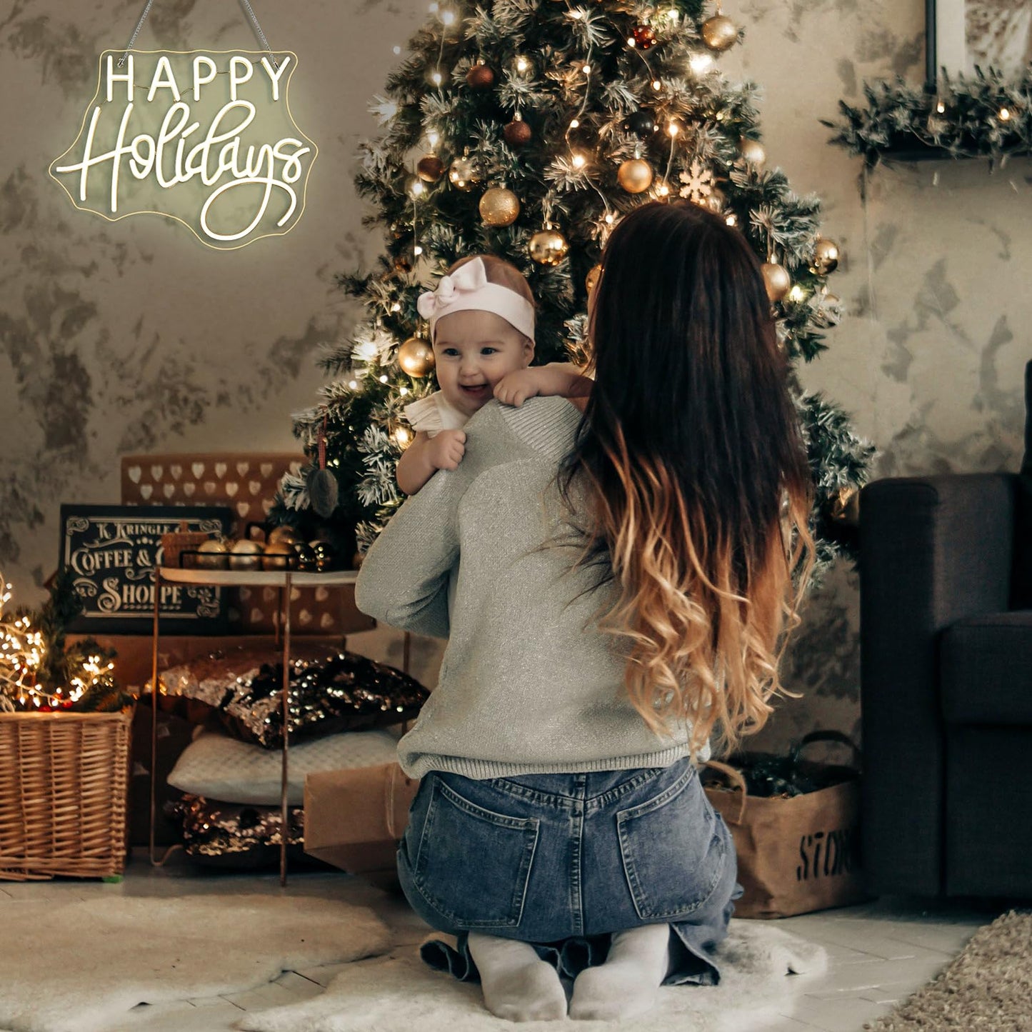 Horseneon Happy Holidays Neon Sign Merry Christmas Neon Signs for Wall Decor Christmas Tree Neon Light LED Sign with USB Powered for Party, Windows, Home Decor, Bedroom, Living room Warm