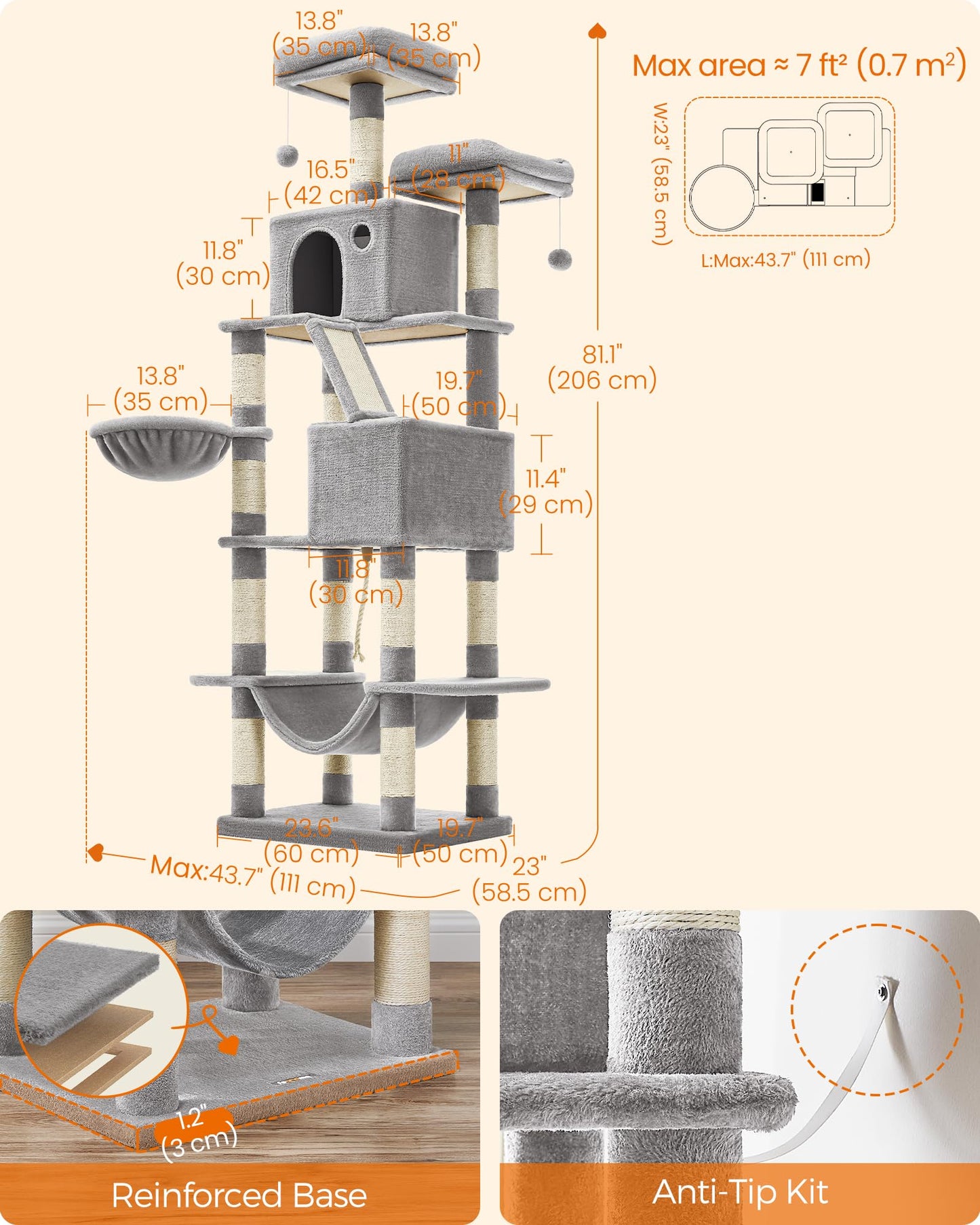 FEANDREA Cat Tree, 206 cm Large Cat Tower with 13 Scratching Posts, 1 Scratching Ramp, 2 Perches, 2 Caves, Basket, Hammock, Pompoms, Multi-Level Plush Cat Condo for Indoor Cats, Light Grey