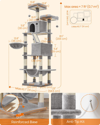 FEANDREA Cat Tree, 206 cm Large Cat Tower with 13 Scratching Posts, 1 Scratching Ramp, 2 Perches, 2 Caves, Basket, Hammock, Pompoms, Multi-Level Plush Cat Condo for Indoor Cats, Light Grey