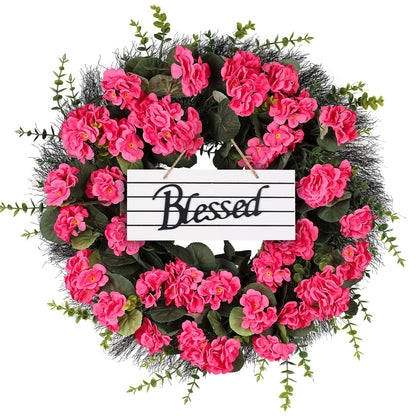 KuiMen Rose Red Artificial Geranium Wreath, 22 Inch Spring Summer Wreaths for Front Door with Blessed Hanging Sign, for Rustic Farmhouse Entryway Porch Balcony Decor