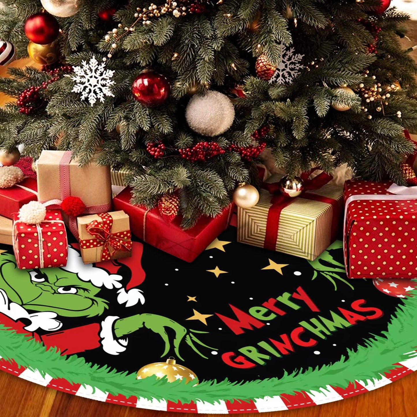 Christmas Tree Skirt 48 Inch, Soft and Funny Merry Christmas Tree Collar Farmhouse Xmas Holiday Decoration (Style 1)