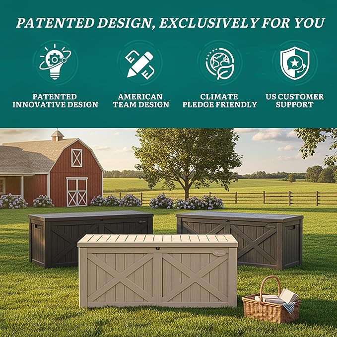 YITAHOME 150 Gallon Large Deck Box with X-Shaped Front, Resin Outdoor Storage Boxes, Waterproof Cushion Storage Bench for Patio, Pool Supplies, Garden Tools - Lockable, Taupe