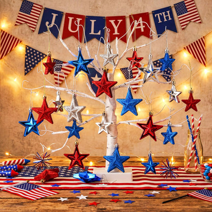 60 Pcs Patriotic Star Hanging Ornament 4th of July Tree Decor Red Blue Silver Star Ornament for Tree 4th of July Independence Pendant for 250th Anniversary Patriotic Veteran Decor