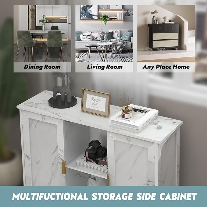 TaoHFE Marble Top Narrow Sideboard Cabinet, Modern White Marble Side Buffet
