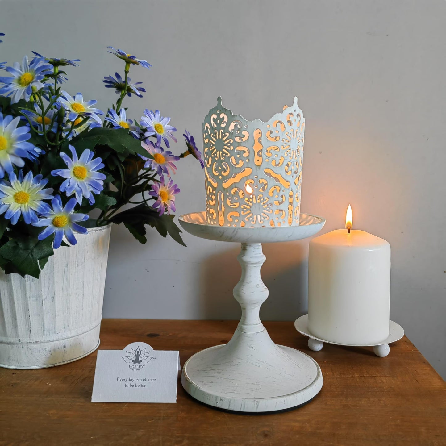 Hosley Aluminum Metal Decorative Pillar Candle Holder White Wash Finish for Candles or Display, 5Inch High - Ideal for Weddings, Parties, Events, Home Decor, Gifts, Elegant