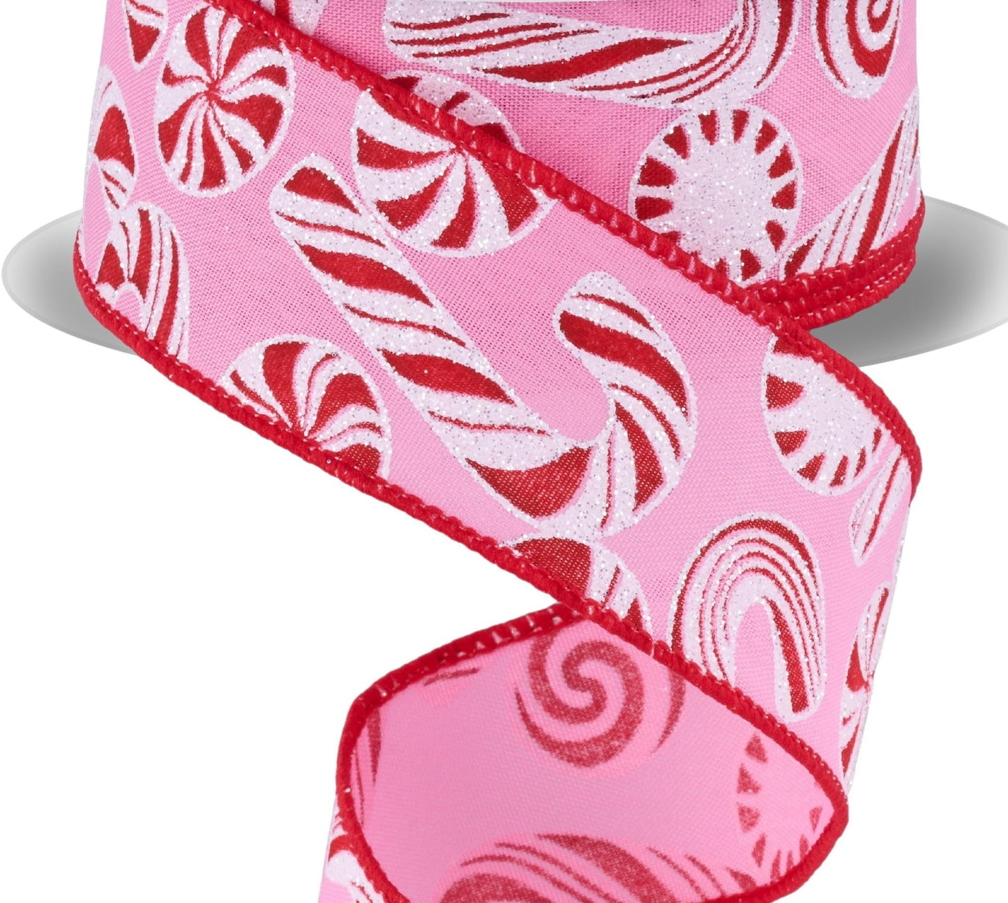 RG Ribbon 1.5" Pink Candy Canes and Peppermints, Wired, 10 Yards - for Christmas Bows, Wreaths, Tree Toppers, Gift Wrap, Crafts and Decorations
