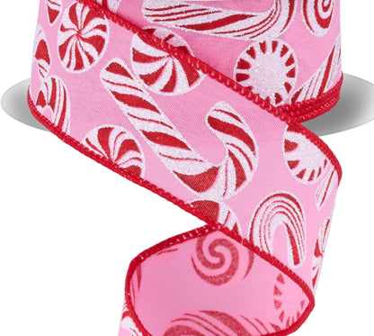 RG Ribbon 1.5" Pink Candy Canes and Peppermints, Wired, 10 Yards - for Christmas Bows, Wreaths, Tree Toppers, Gift Wrap, Crafts and Decorations