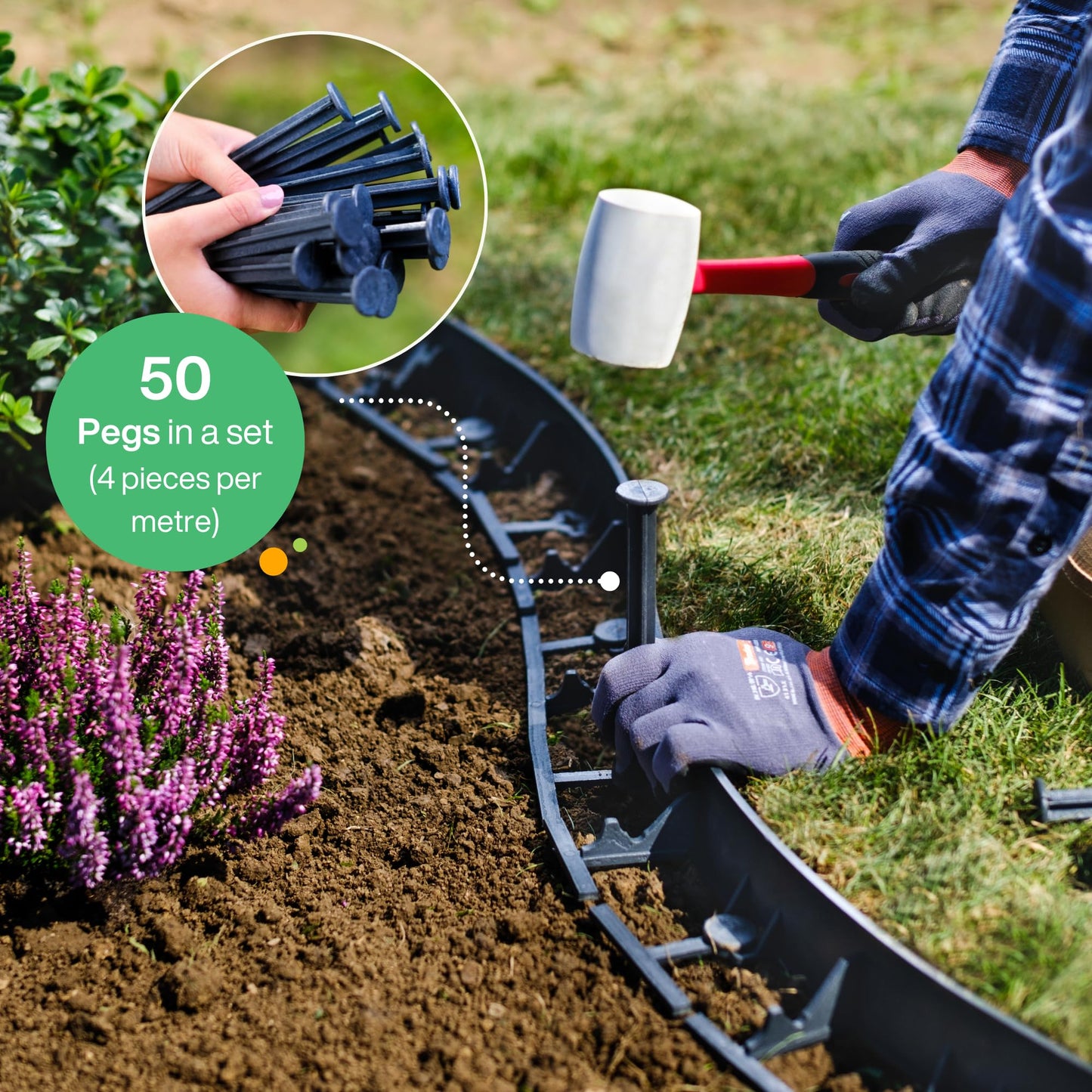 Flexible Lawn Edging 12 m - Invisible Plastic Garden Edge with 50 Securing Pegs - Easy to Use, Weather Resistant - Grass, Flowerbed & Path Border Edging, Height 55 mm, Black