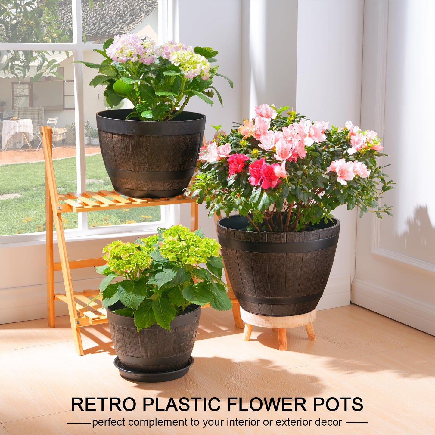 VECELO Plant Pots with Drainage Holes & Saucer, 9/11.3/13 Inch Flower Pots with Tray, 3 Pack Plastic Whiskey Barrel Planters for Indoor & Outdoor Garden Home Plants and Flowers