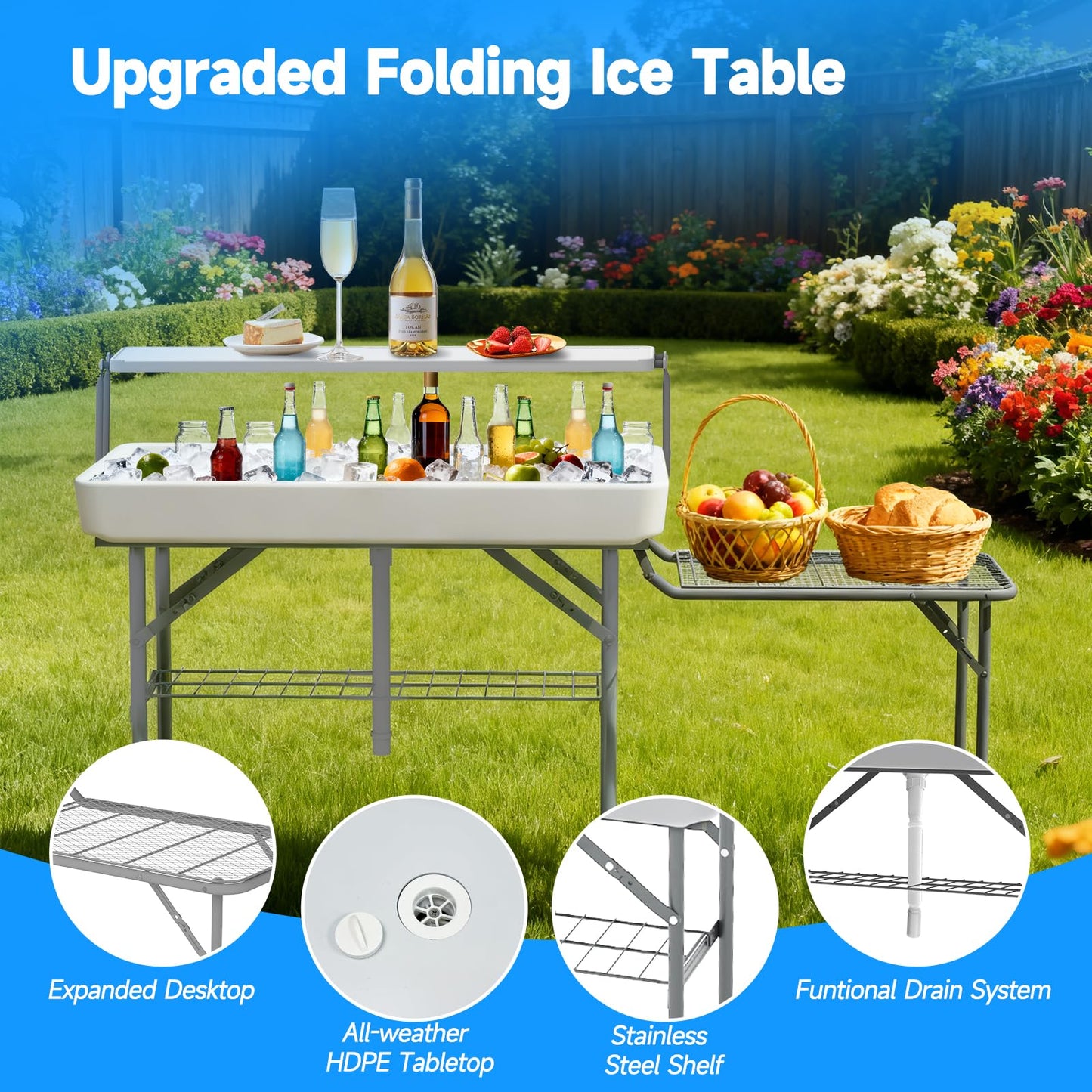 SHAREWIN Ice Cooler Folding Table with Metal Side Desktop, Double-Layer Party Chilling Table with Drain and Detachable White Skirt to Keep Drinks Cool, Ice Bar for Weddings, Outdoor, Picnics，Pool