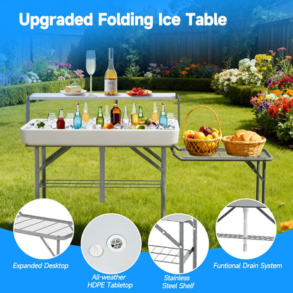 SHAREWIN Ice Cooler Folding Table with Metal Side Desktop, Double-Layer Party Chilling Table with Drain and Detachable White Skirt to Keep Drinks Cool, Ice Bar for Weddings, Outdoor, Picnics，Pool
