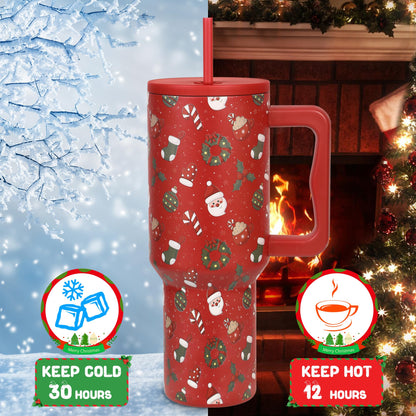40 oz Christmas Insulated Tumbler with Handle and lid, Vacuum Triple Walled Stainless Steel Travel Mug, Fits for car Cup Holder, Leak Proof, Keep Beverages Cold for 34 Hours (Red Christmas Stars)