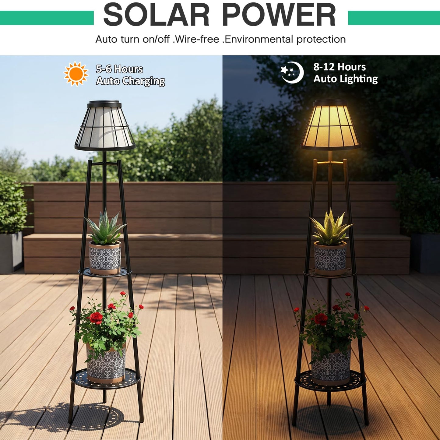 Solgicar 2 Pack Solar Lights with Plant Stands, 45.4'' Waterproof Outdoor Metal Solar Floor Lamps for Patio Deck Yard Pathway Porch Garden