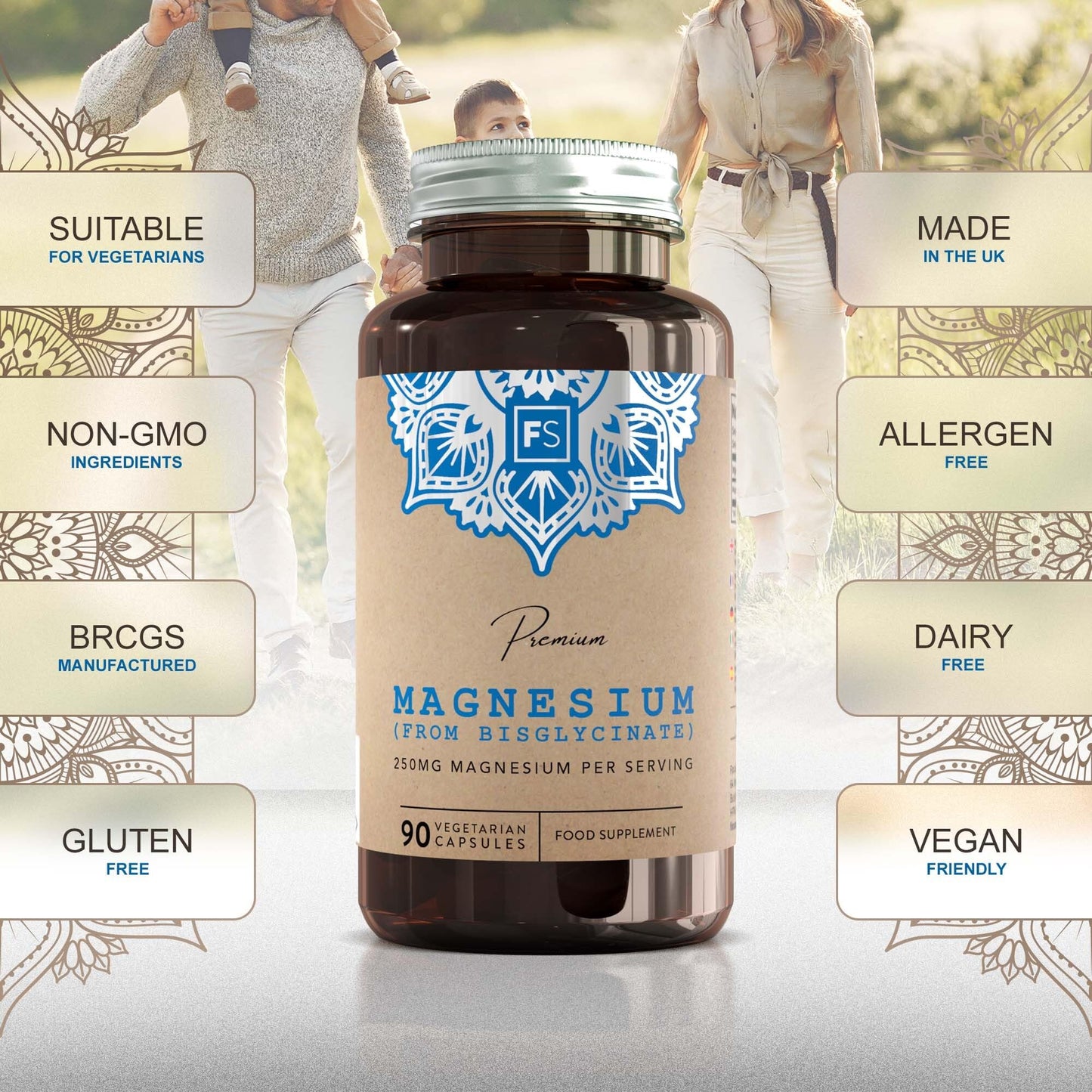 FS Magnesium Glycinate | 90 Magnesium Glycinate Supplements - 250mg Mag Bisglycinate per Serving | High Strength Capsules | Non-GMO & Allergen Free | Made in The UK