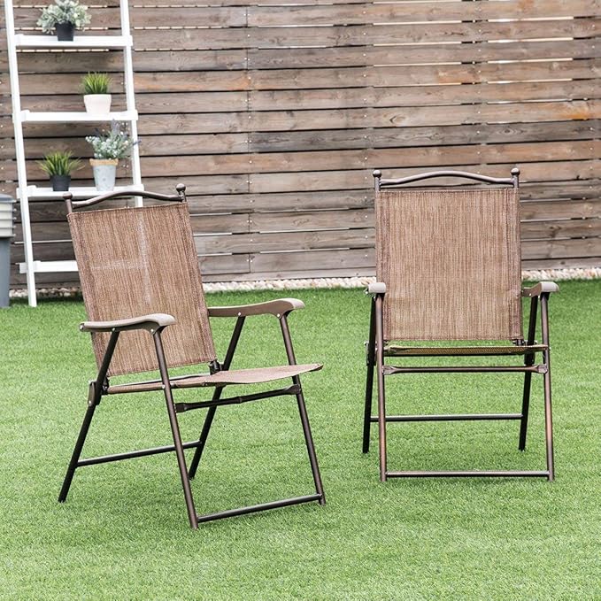 Giantex Set of 2 Patio Folding Chairs, Outdoor Patio Dining Chairs w/Armrest, Sling Back, Metal Frame, Outside Use for Lawn Camping Garden Pool Beach Yard Lounge, No Assembly, Brown