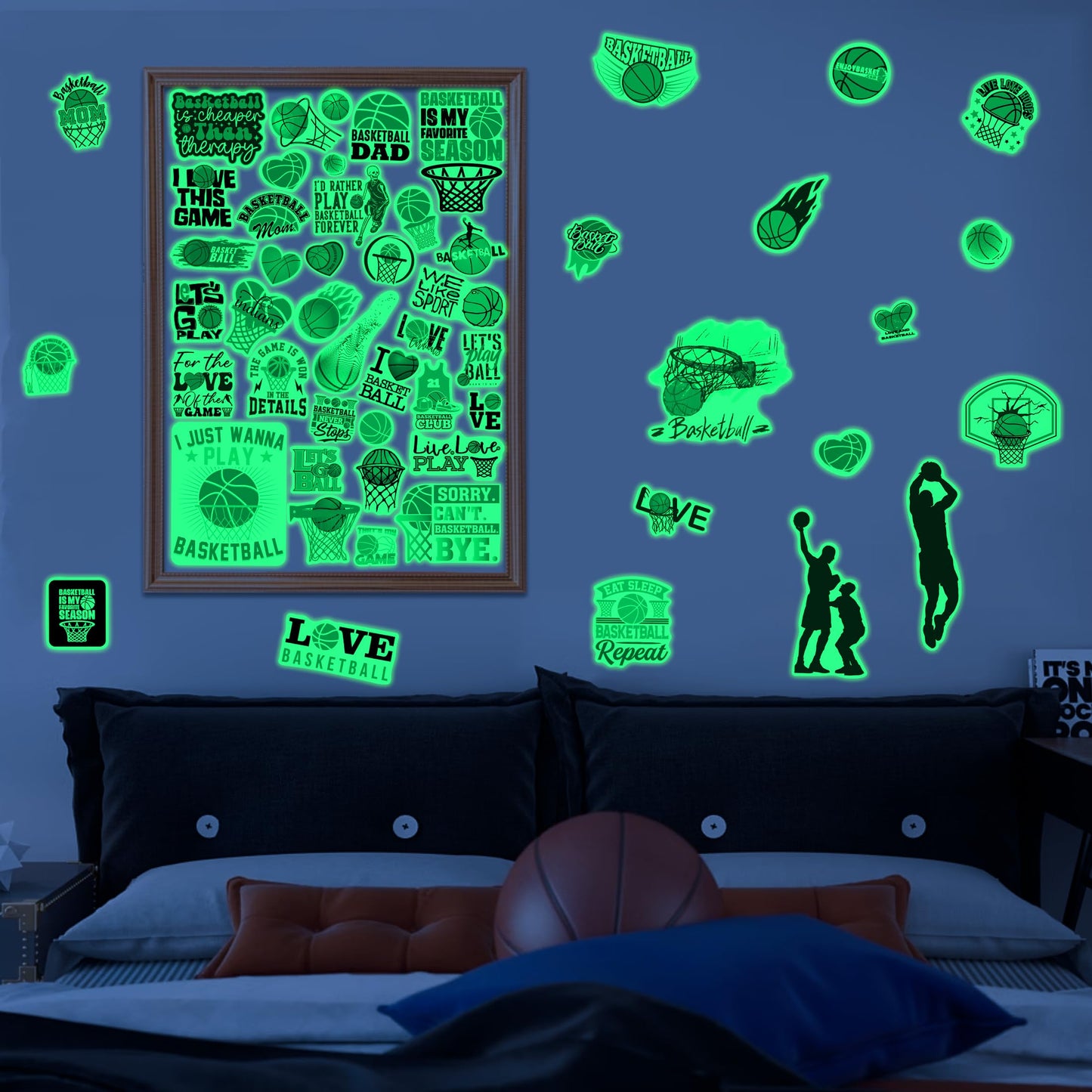 Glow in The Dark Cool Basketballs Wall Decals, Love Sports Stickers for Baby Girls Boys Room, Luminous Ceiling Decor for Bedroom Playroom Nursery