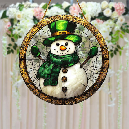 8x8 inch Charming Christmas Snowman Acrylic Stained Glass Window Hanging Sun Catcher Decor Stained Panel Hangings Wall Art Decor, for Friends and Family (Snowman)