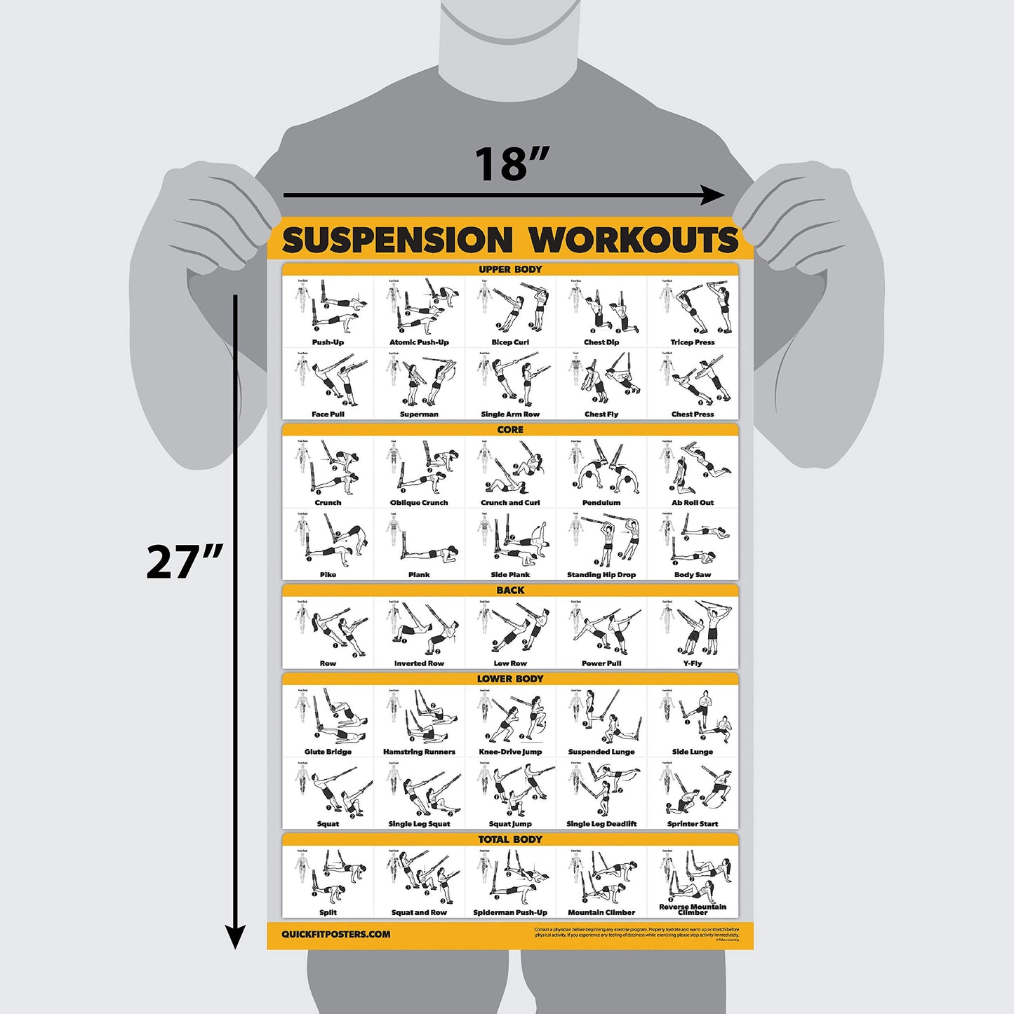 10 Pack - Exercise Workout Poster Set - Suspension Volume 1 & 2, Dumbbell, Kettlebell, Resistance Bands, Stretching, Bodyweight, Barbell, Yoga Poses, Exercise Ball (PAPER - NOT LAMINATED 18" x 24")