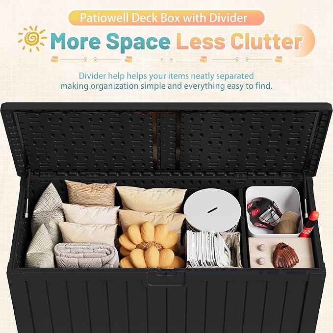 Patiowell 240 Gallon Large Outdoor Storage Box, Waterproof Deck Box with Fixed Divider, Lockable and Durable Patio Storage Solution for Patio Furniture and Garden Tools (Black)