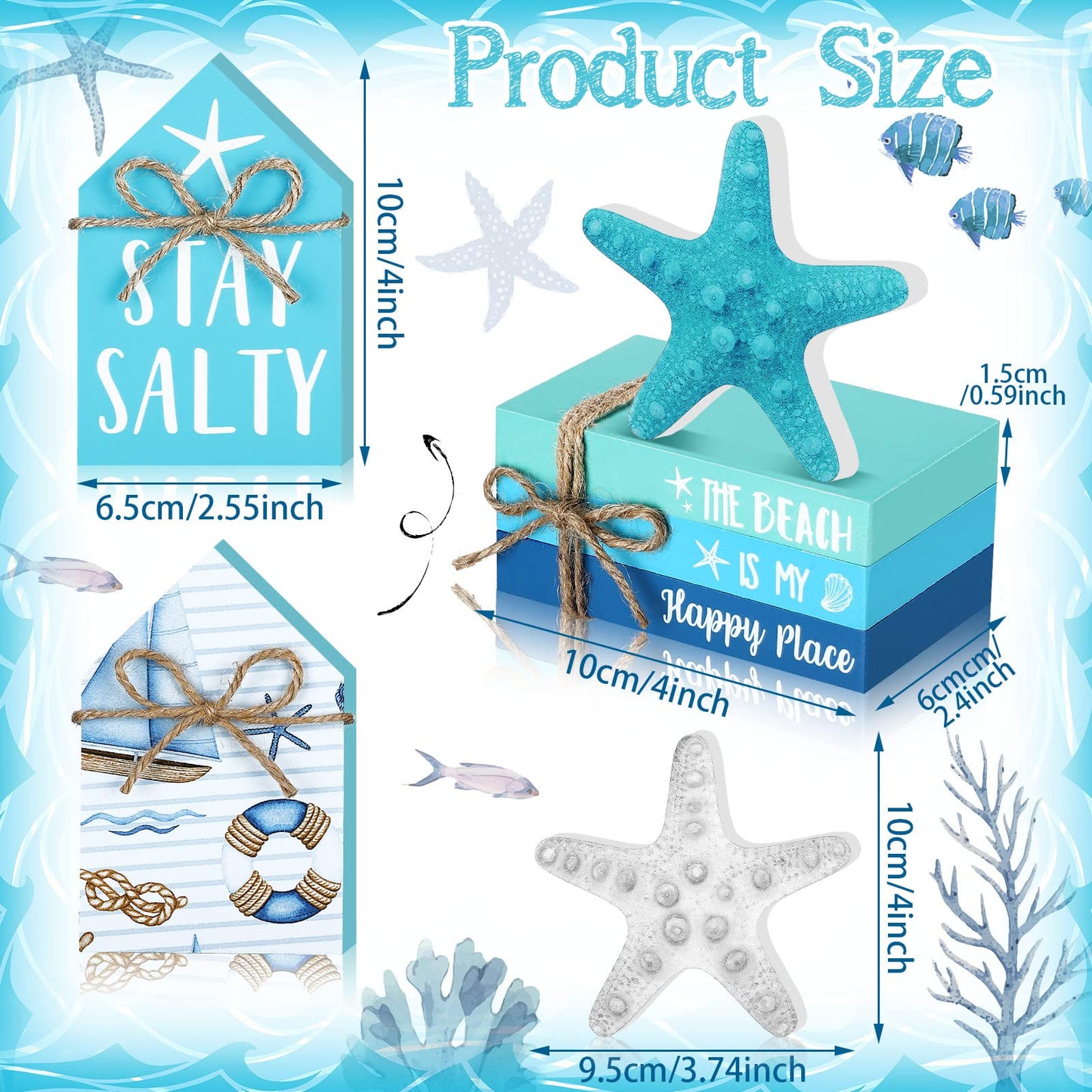 Blulu 5 Pcs Summer Beach Wooden Tabletop Decor, Coastal Ocean Blue Decorations for Home, Wood Starfish Decor, Stay Salty House Signs & Faux Book Stack, Nautical Table Centerpieces for Bedroom Desk