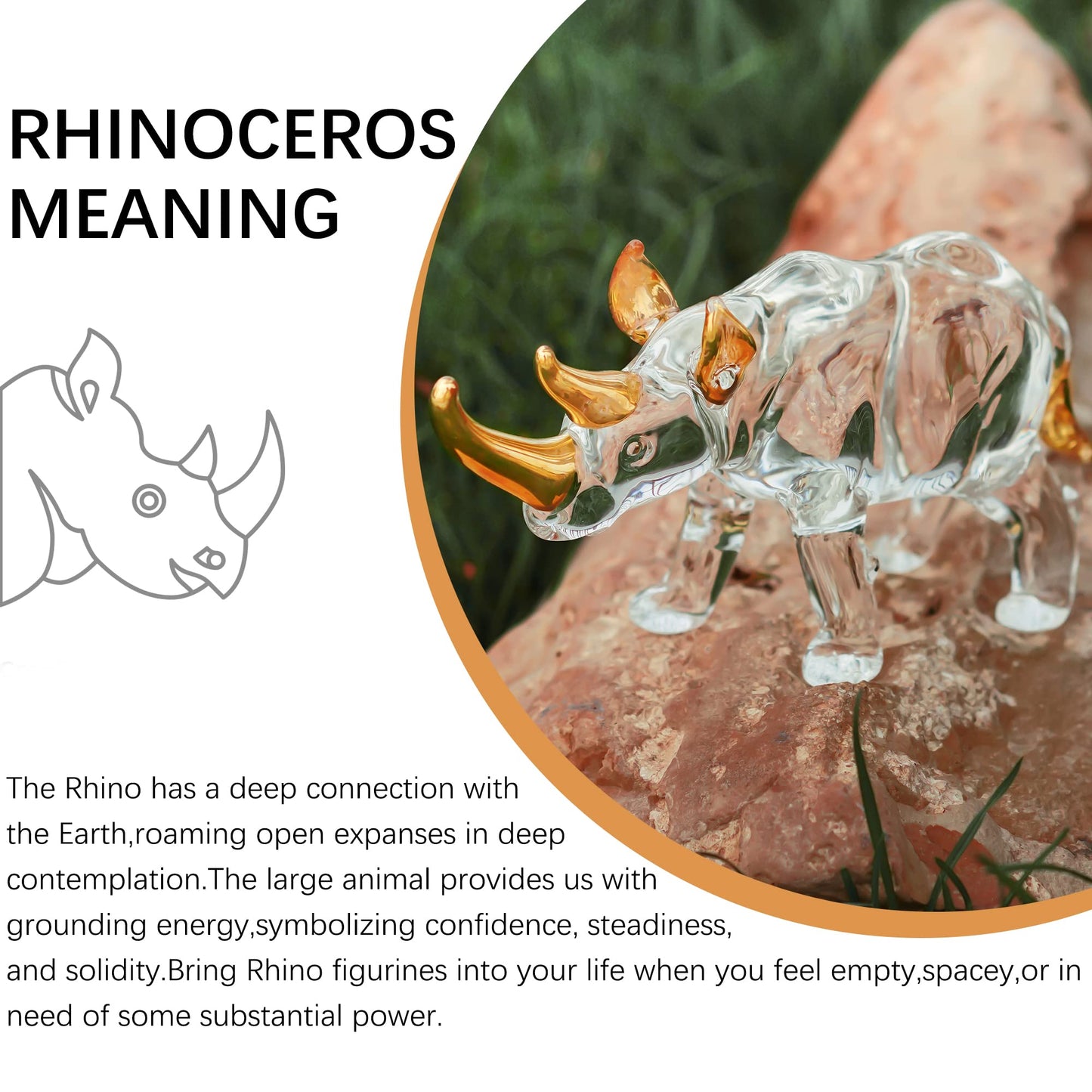 YU FENG 6'' Blown Glass Rhinoceros Animal Figurines Collectibles Crystal Art Rhino Wildlife Paperweight (Clear and Golden)