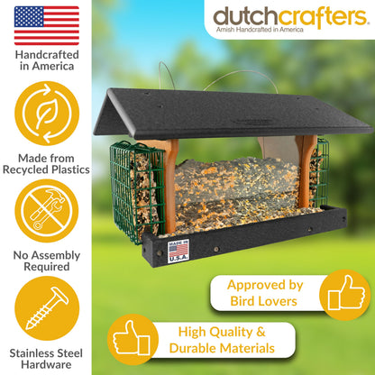 DutchCrafters Poly Hanging Large Hopper Bird Feeder with Two Suet Cake Holder Cages, Durable Long Lasting Outdoor Bird Feeder - Amish American Made in USA (Black & Cedar)