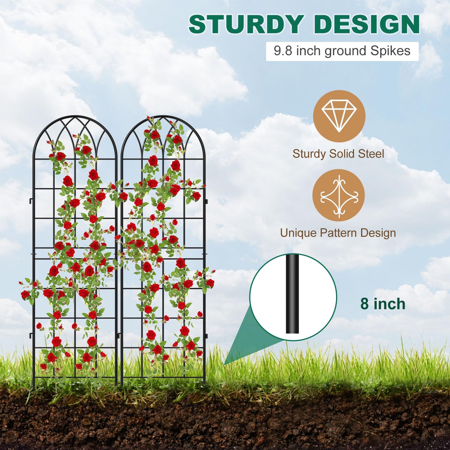 4 Pack Metal Garden Trellis for Climbing Plants, Black Metal Garden Trellis for Vines Plant Rose Vegetable Support,Large Decorative Outdoor Trellis