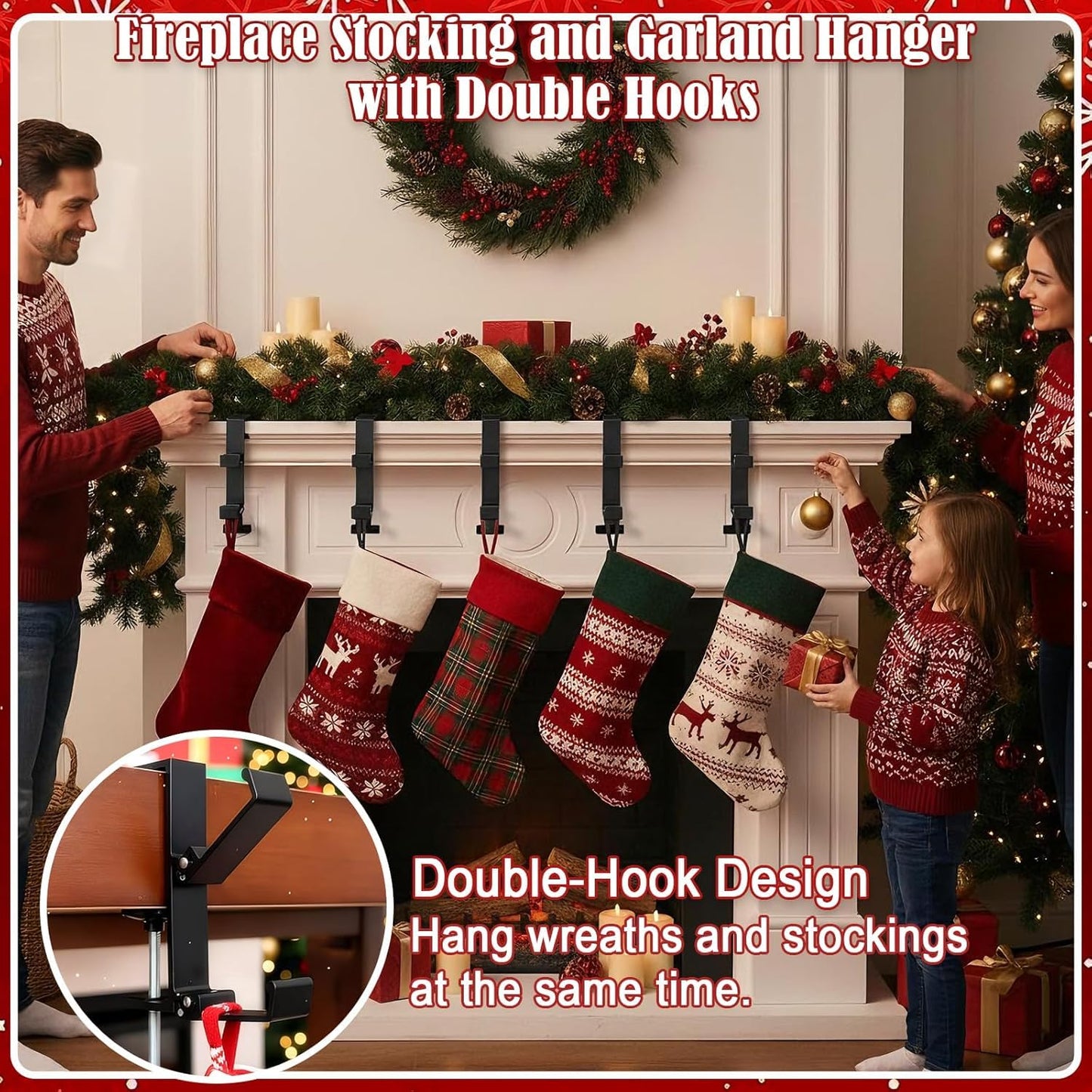 Clarmonde 4 Pack Stocking Holders for Mantle for Christmas Decorations,2 in 1 Mantle Garland Holder for Hanging Christmas Stockings,No Drilling Required & Adjustable Garland Hanger, Metal (4 Black)