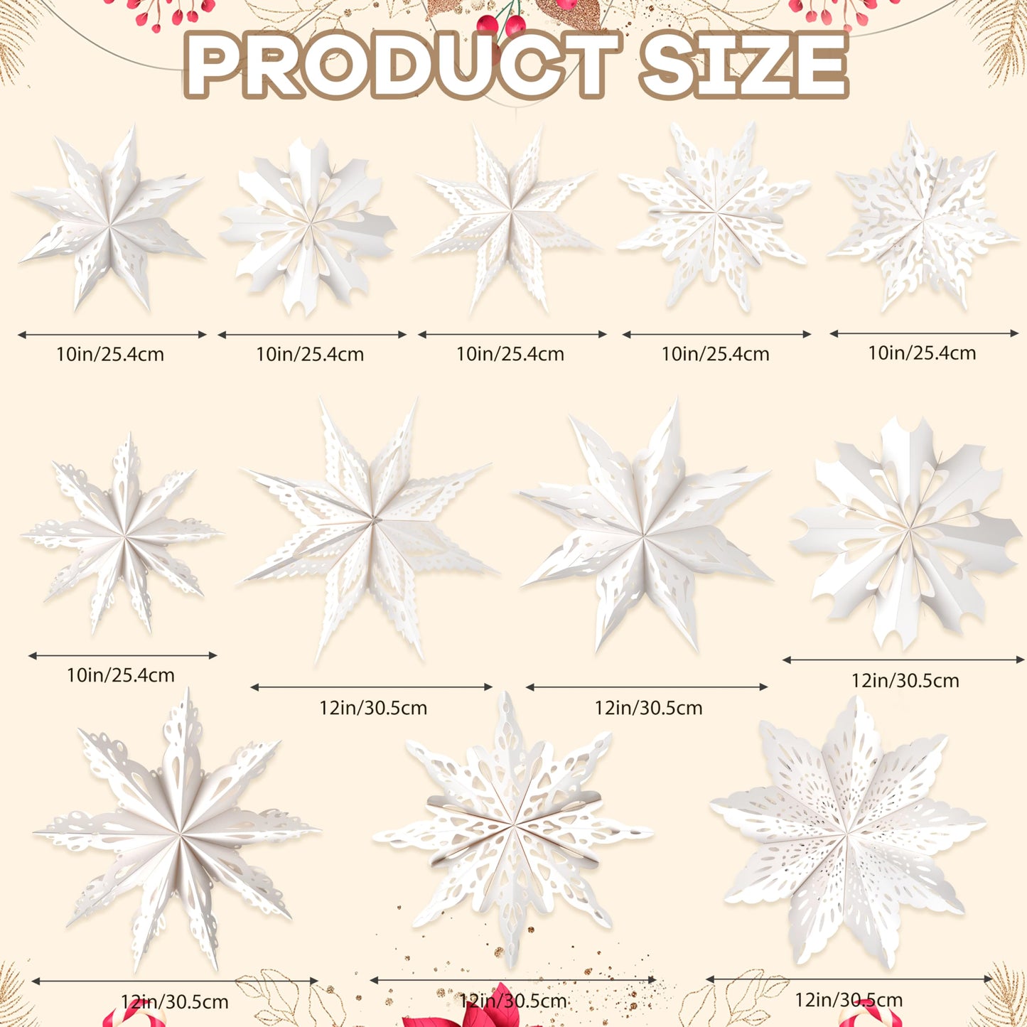 12 Pcs Christmas Paper Snowflake Lanterns, 3D Christmas Paper Star Lanterns with LED Lights, 10/12 Inch White Hanging Snowflake Lamps for Xmas Winter Frozen Weddings New Year Party Decorations
