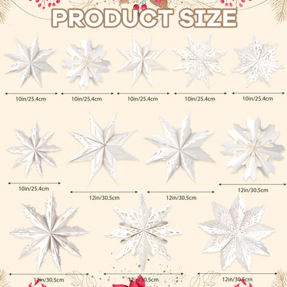 12 Pcs Christmas Paper Snowflake Lanterns, 3D Christmas Paper Star Lanterns with LED Lights, 10/12 Inch White Hanging Snowflake Lamps for Xmas Winter Frozen Weddings New Year Party Decorations