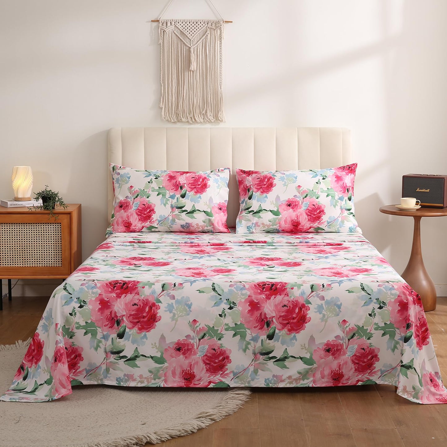 JSD Watercolor Rose Floral Sheet Set Full Size, 4 Piece Soft Printed Microfiber Sheets Extra Deep Pocket
