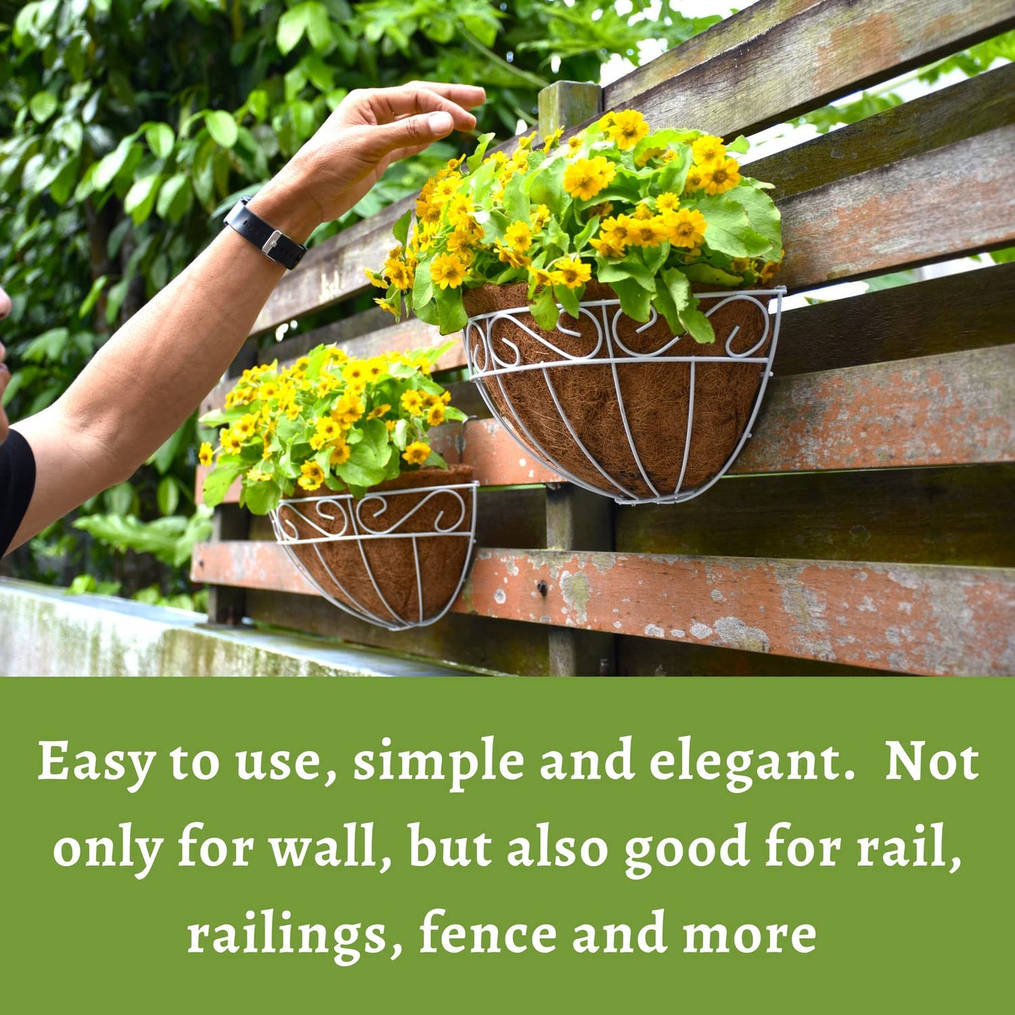 LaLaGreen Wall Mounted Flower Baskets (2 Pack, 14 Inch) Large Wall Hanging Planter with Coco Liner for Outdoor Plants, White Metal Fence Pots Holder Rail Railing Deck Porch Balcony Garden Patio Decor