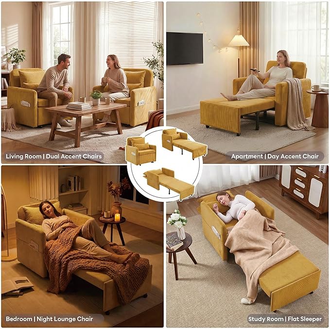 Iroomy 5-Level Adjustable Convertible Sleeper Chair, 3-in-1 Corduroy Pull Out