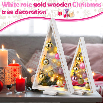 Hungdao 2 Pack Wooden Christmas Tree with Lights and Balls Modern Farmhouse Christmas Table Centerpiece Tabletop Decor for Winter Fireplace Mantle Shelf Home Decor(Pink, Rose Gold)