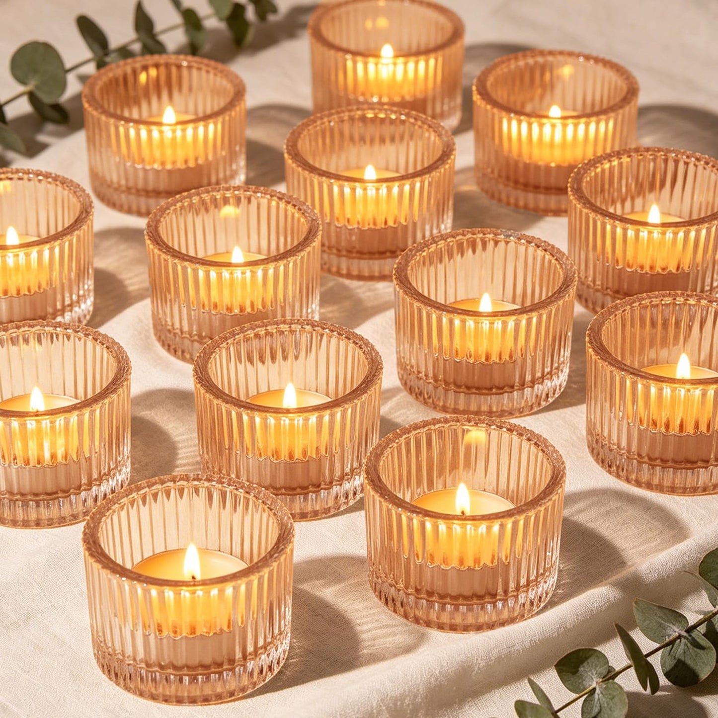 Gold Glass Votive Candle Holders 12 Pack, Small Glass Cups for Tea Lights, Wedding Centerpieces, Table Decorations, Home Decor, Party Favors, Bulk Set of 12