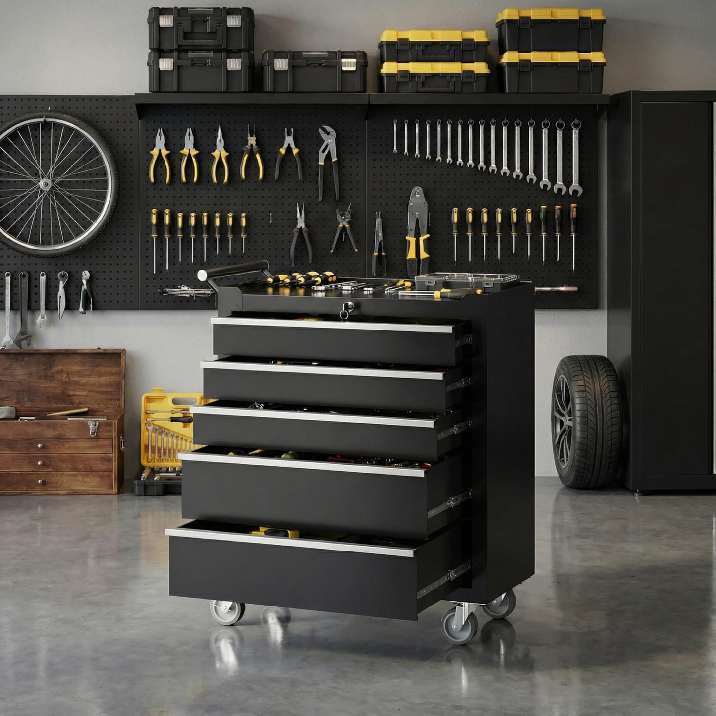 Rolling Tool Chest with Wheels, 5 Drawer Tool Storage Cabinet, Portable Toolbox Organizer with Lock, Heavy Duty Tool Chest Cart for Garage, Mechanic, Workshop, Shop, Mobile Tool Organizer, Black