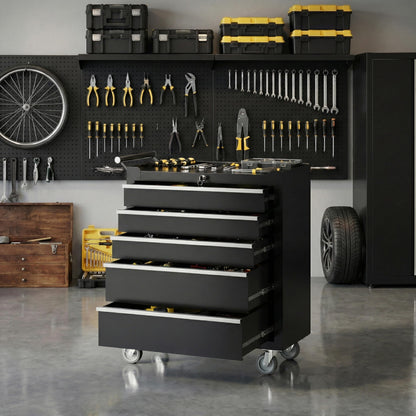 Rolling Tool Chest with Wheels, 5 Drawer Tool Storage Cabinet, Portable Toolbox Organizer with Lock, Heavy Duty Tool Chest Cart for Garage, Mechanic, Workshop, Shop, Mobile Tool Organizer, Black