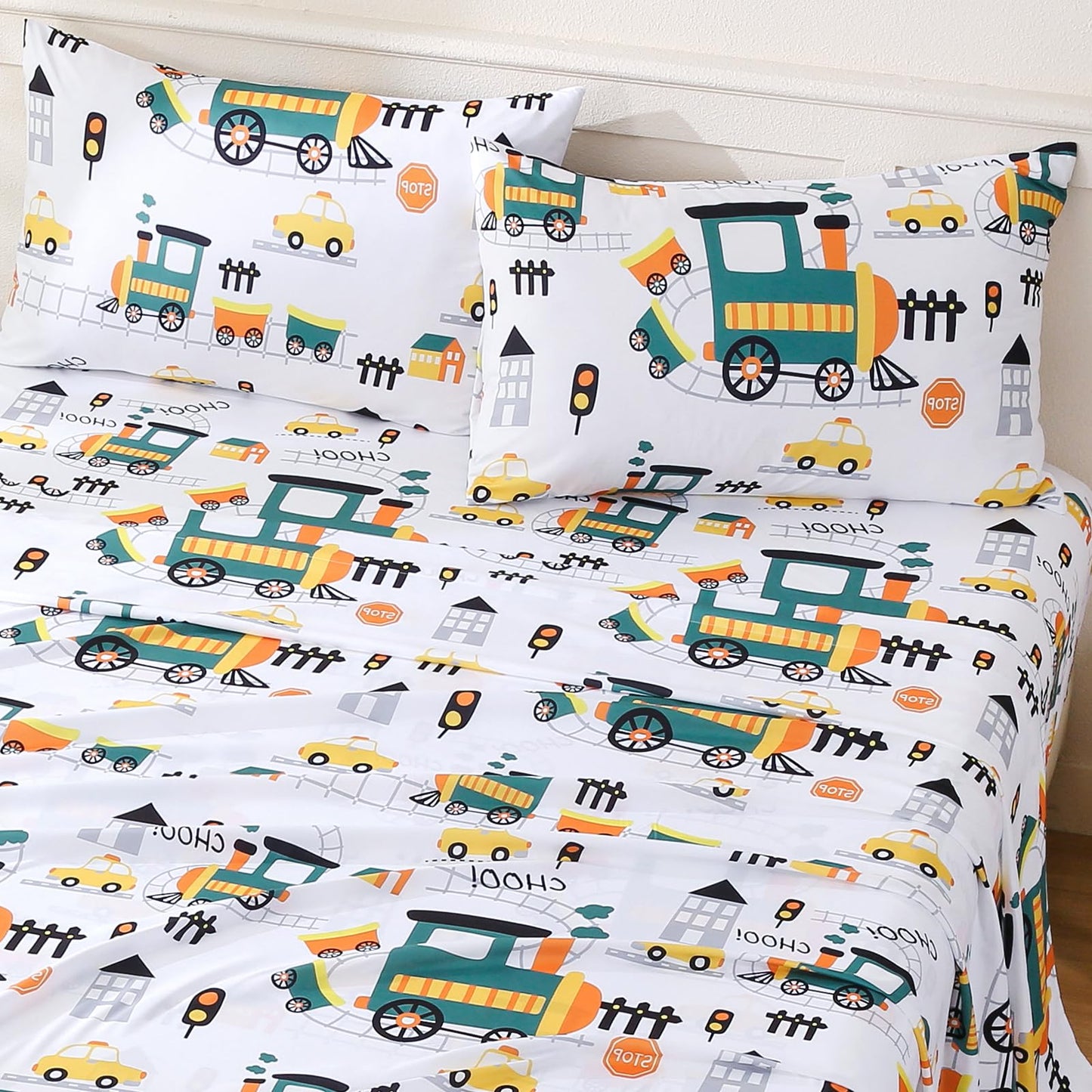 ChicView Twin Sheet Set Kids,3 Pieces Breathable Soft Microfiber Bedsheets for Child Boys Girls, Anti Pilling Deep Pockets Easy Care Bed Sheets, Train