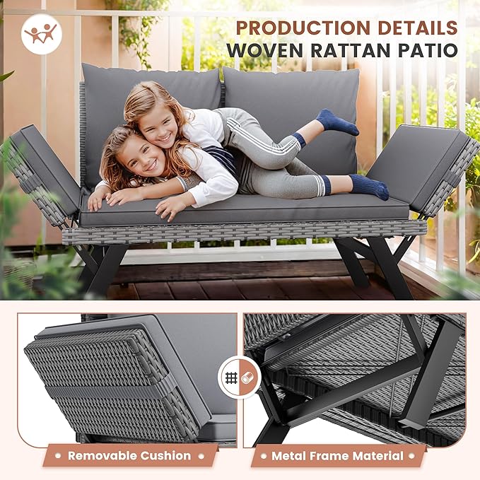 Flamaker Outdoor Convertible Sofa, Woven Rattan Patio Furniture Sunbed
