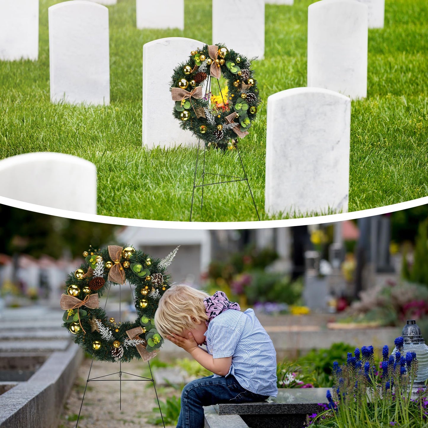 Hotop 2 Pcs Christmas Memorial Cemetery Wreath for Graves with 30 Inch Easel Christmas Memorial Wreath Decoration Set Pinecones Gold Leaves for Holiday Outdoor Gravestone