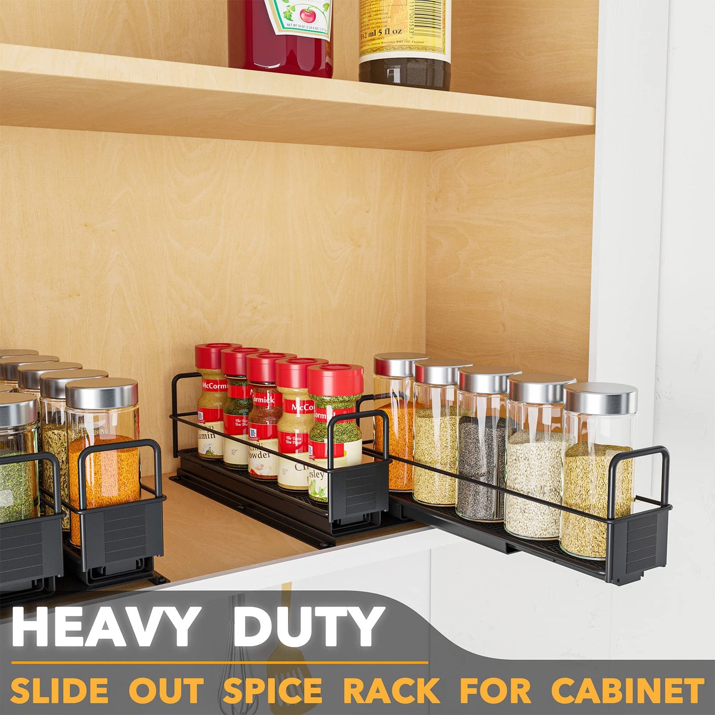 SpaceAid Pull Out Spice Rack Organizer for Cabinet, Heavy Duty Slide Out Seasoning Kitchen Organizer, Cabinet Organizer, with Labels, 5.2" W x10.75 D x10 H, 2 Drawers 2-Tier
