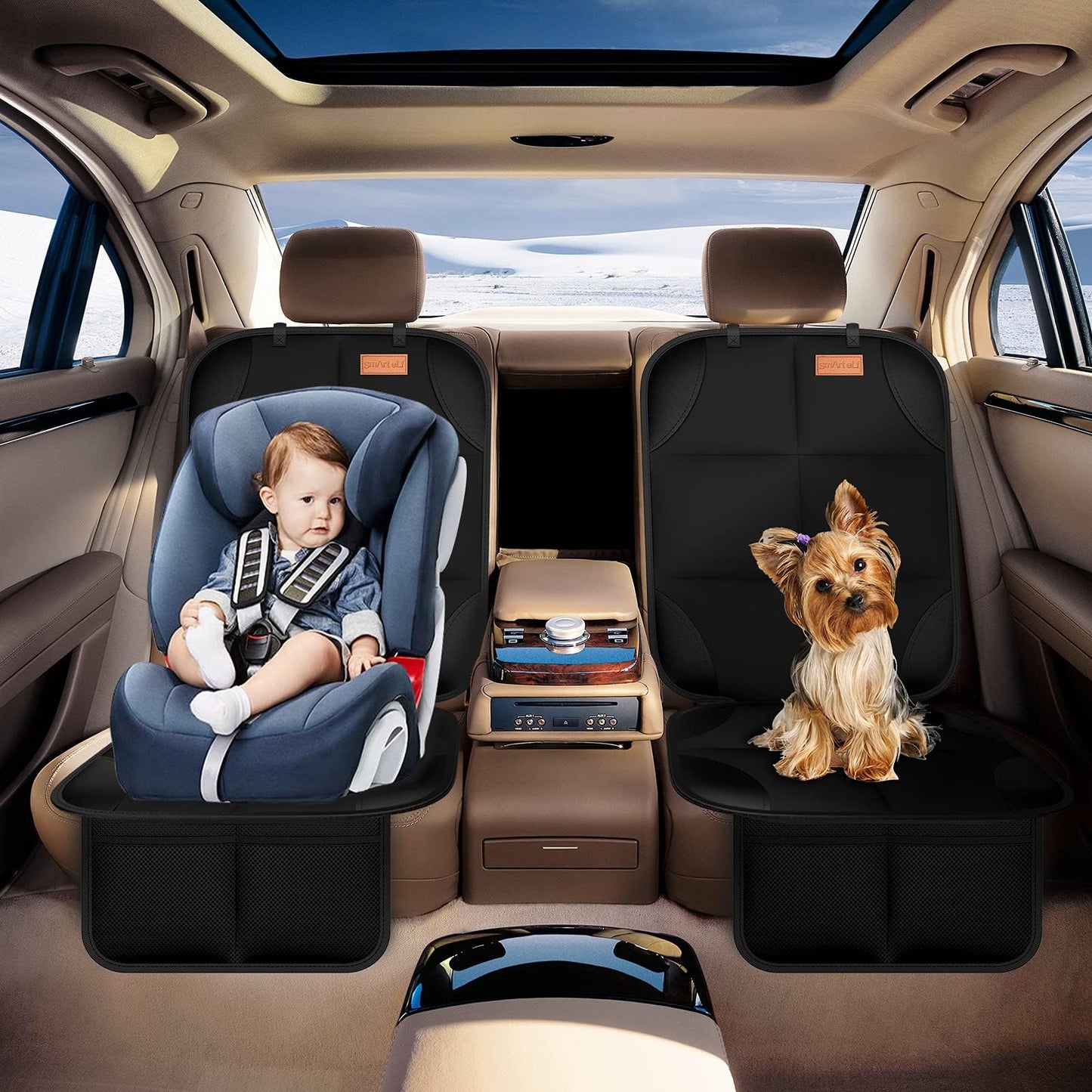 SMART ELF 2 pack Car Seat Protector - for kids, Child with Waterproof Fabric & Thickest Padded Cover & Featuring Best Size Coverage Available & Organiser Pockets - Fits Isofix