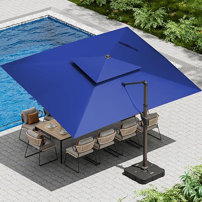 10 X 13 FT Cantilever Patio Umbrella with Led Lights and Base Included Outdoor Heavy Duty Double Top Rectangle Offset Umbrellas with 360-degree Rotation for Pool Deck Backyard, Navy